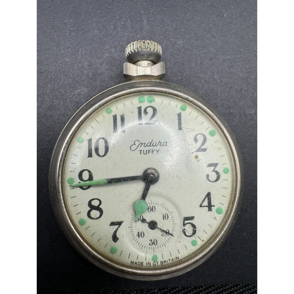 Vintage Endura Tuffy 1960's Manual Wind Pocket Watch Silver Tone Parts Or Repair